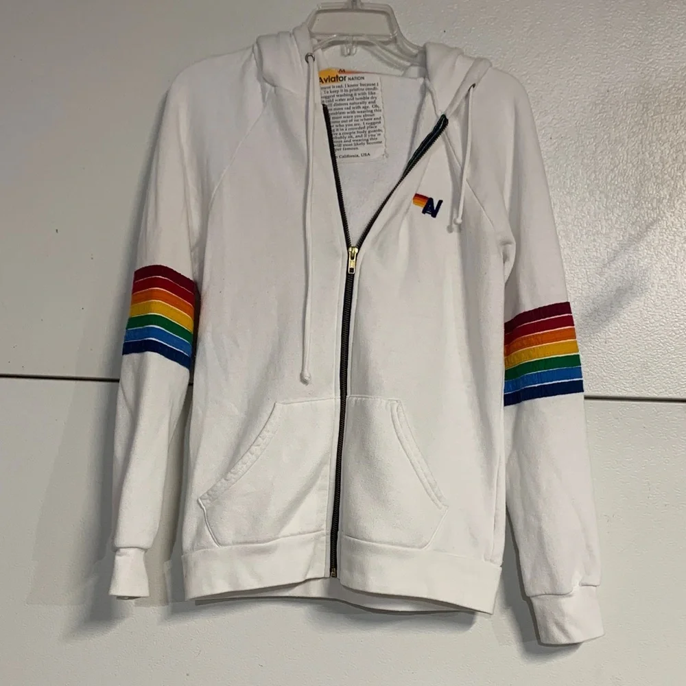 AVIATOR NATION WOMENS ZIP UP HOODIE SWEATSHIRT WHITE MEDIUM - Picture 2 of 7